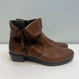 Rieker Brown Leather Ankle Boots Euro Womens Size 37 (US 6.5) Side Zip Western